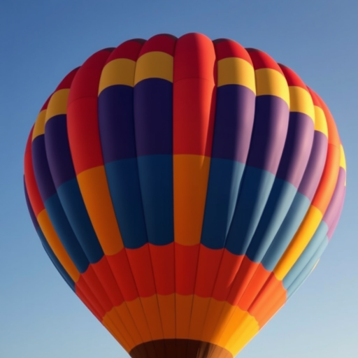Create an image of a colorful hot air balloon with bright red, orange, yellow, green, and blue stripes against a clear blue sky, captured with a Canon EOS R5 camera, 50mm lens, f/2.8 aperture, 1/2000 sec shutter speed, and ISO 100 for optimal clarity and vibrancy.