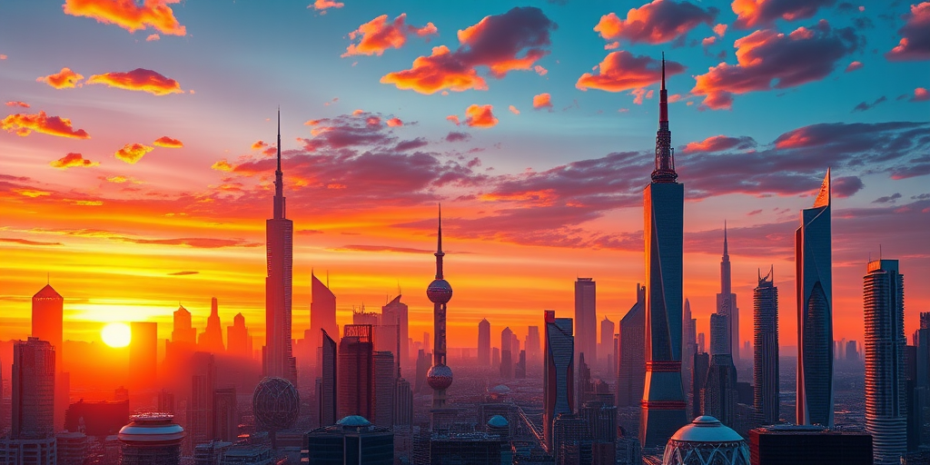 high-resolution illustration of a futuristic city skyline at sunset, vibrant colors and detailed architecture, 50mm lens, f/1.8 aperture, ISO 100, wide-angle view, digital camera, HDR style