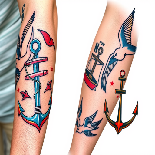 Traditional American tattoo style known as "Sailor's Pride" featuring bold outlines, vibrant primary colors, and classic nautical motifs like anchors, ships, and swallows, perfect for forearm or bicep placement
