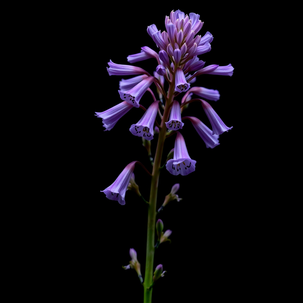 Create a high-resolution image of a tall purple flower with bell-shaped petals, captured with a macro lens, aperture set to f/2.8, ISO 100, shutter speed 1/200 sec, against a black background for dramatic contrast, using a digital DSLR camera.