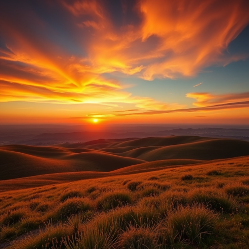 Create a detailed and vivid image of a serene landscape with rolling hills and a vibrant sunset, using a Canon EOS R5 camera, 24mm lens, f/8 aperture, ISO 100, shot in landscape orientation at golden hour for enhanced colors and depth.