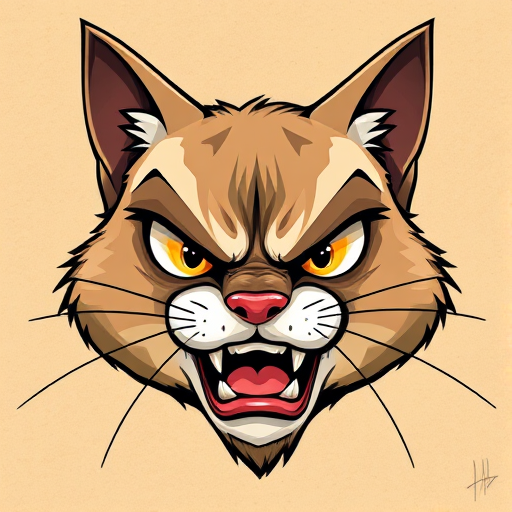 Create a detailed illustration of an angry cartoon cat face with exaggerated features, using a warm, textured beige background, shot with a DSLR camera at 50mm, f/2.8, ISO 100, in natural light for enhanced clarity and contrast.