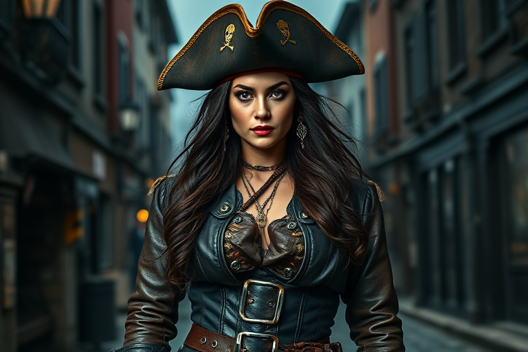 Create a portrait of a fierce female pirate. She wears a leather tricorn hat adorned with a skull and crossbones emblem, and her long, dark hair flows around her face. Her outfit consists of a richly detailed leather jacket, a corset, and multiple layers of belts and accessories, giving her a formidable and stylish appearance. She stands confidently in a dimly lit, historic port town, with a backdrop of weathered buildings and cobblestone streets, capturing the adventurous spirit of a pirate.
