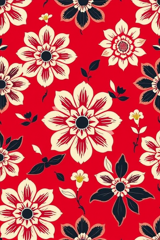 Create a seamless pattern with intricate floral motifs in red, black, and cream on a rich red background, using a macro lens to capture sharp details, set at f/8 for depth of field, ISO 100 for clarity, taken with a DSLR camera from a straight-on perspective.