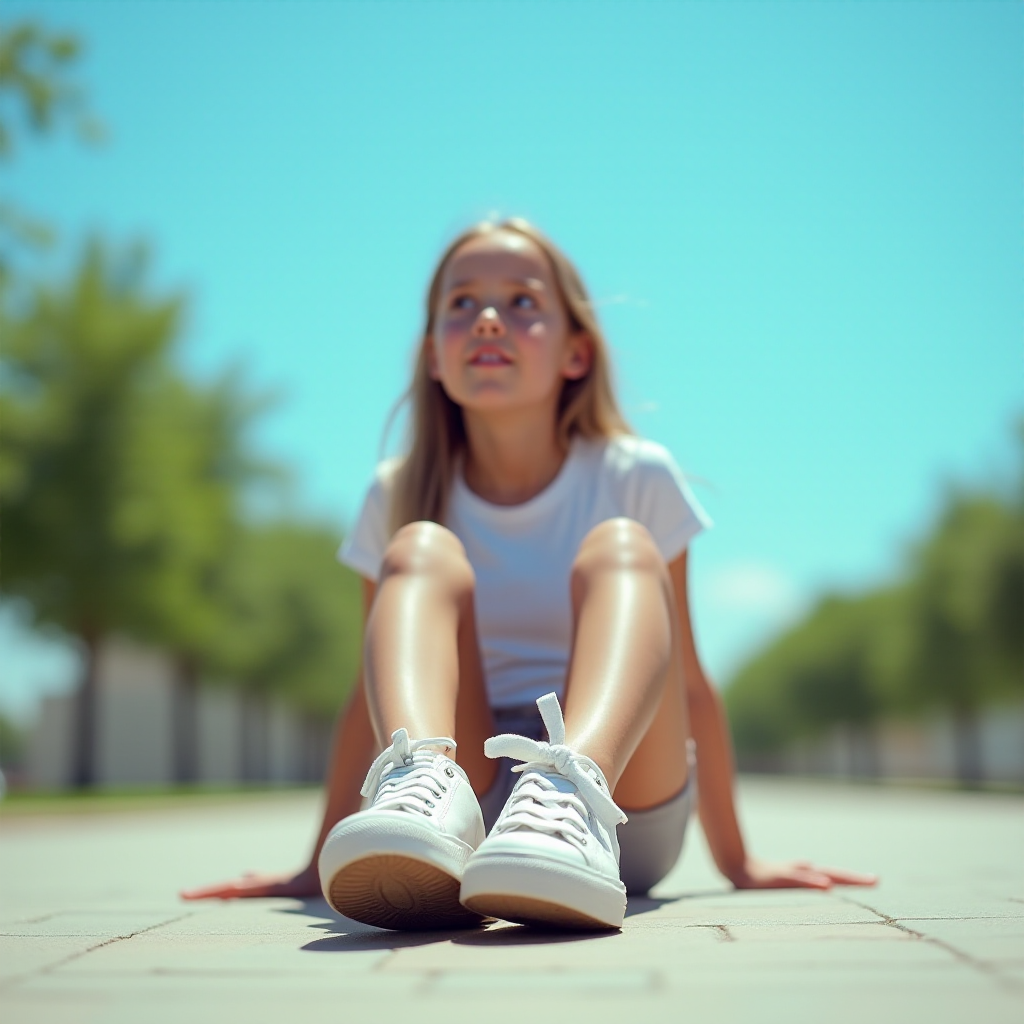 Generate an ultra-realistic, highly detailed, high-definition photograph. It's a photo of a girl sitting on the floor. She's looking at the horizon. The photo is taken from the bottom up, at ground level. The girl's sneakers are in the foreground, in the center of the scene. The girl is wearing light clothes, a t-shirt and short shorts. The sky is blue. Bright environment. The background is a blurred image of a park.