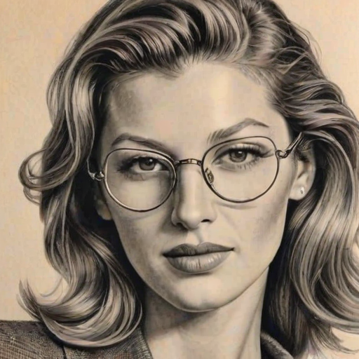 Attractive Gisele B'ndchen, pencil sketch, portrait of Magnificent woman 1930s in glasses, hair style beatnik, outline, clear lines, fine lines, 8k