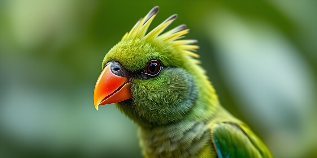 Capture a close-up of a vibrant green bird with a striking crest and vivid orange beak, using a Canon EOS 5D Mark IV with a 50mm f/1.8 lens, aperture set to f/2.8, ISO 200, shutter speed at 1/100, natural light, focusing on the bird's colorful details against a softly blurred green background.