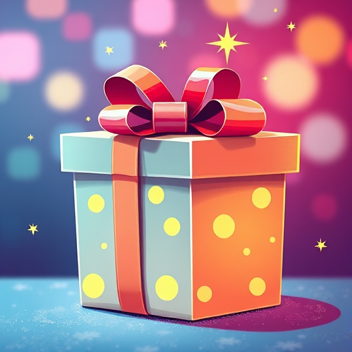 Create an illustration of a gift box with a ribbon, featuring bright colors and festive decorations like stars and sparkles, using a DSLR camera with a 50mm lens, f/2.8 aperture, ISO 100, and a shallow depth of field to enhance image quality.