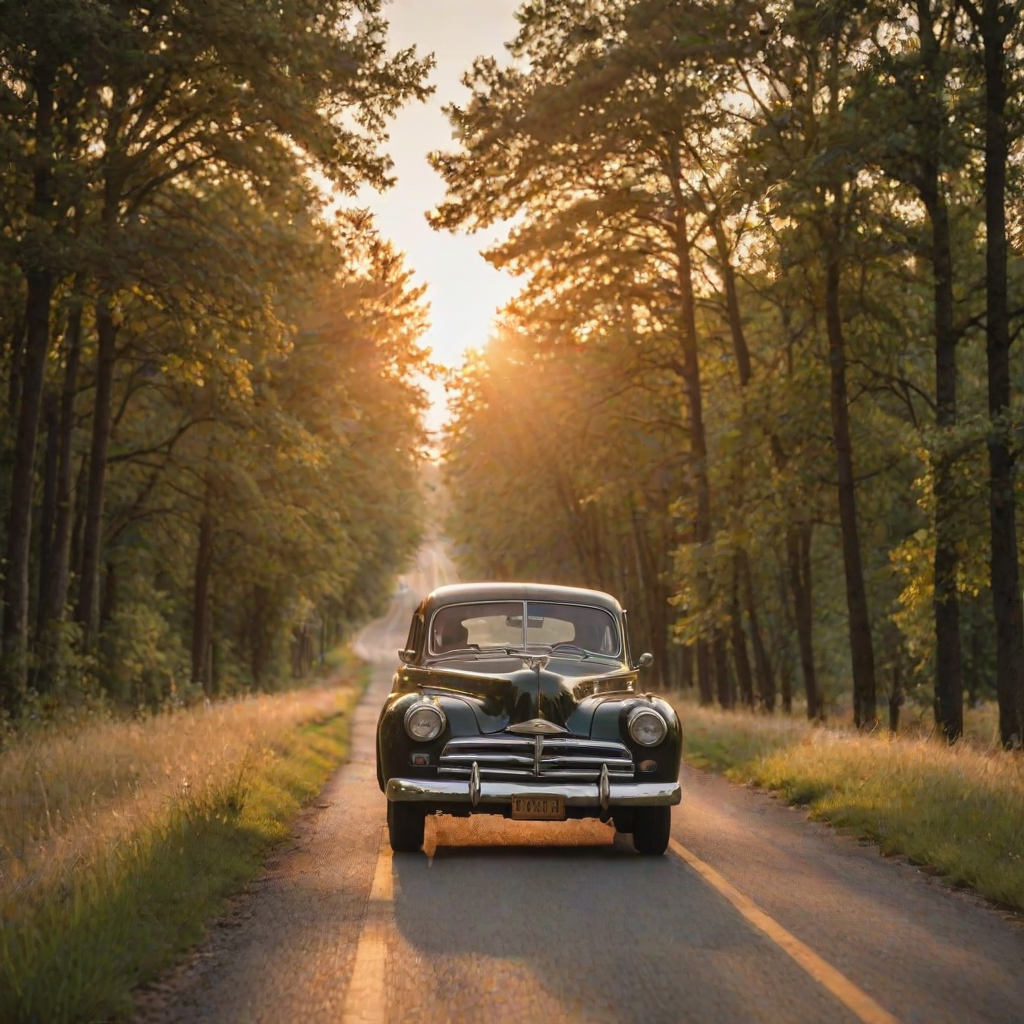 Scenic country road lined with trees, a vintage car cruising along, the sun setting in the background, creating a nostalgic and picturesque moment.