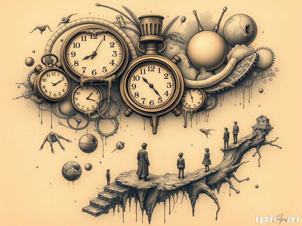 Surrealist tattoo artwork called "Dreamscape" blending elements of reality and fantasy to create a thought-provoking design featuring melting clocks floating objects and distorted figures in muted earth tones