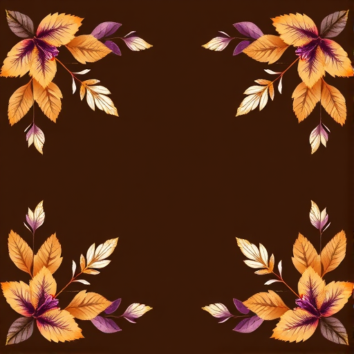 Generate a high-resolution digital illustration of a symmetrical floral border with a dark brown background, featuring detailed leaves in varying shades of gold, white, purple, and earthy tones, captured with a Canon EOS R5, 50mm lens, f/2.8 aperture, ISO 100, natural lighting for enhanced color vibrancy.