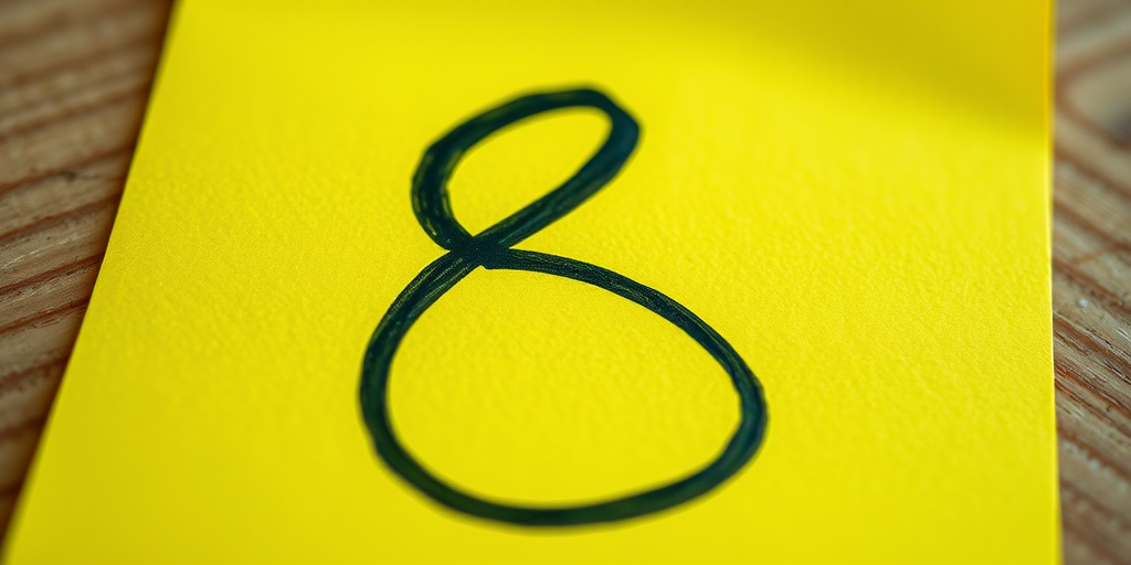 Create a vibrant yellow sticky note with a hand-drawn black number 8, close-up shot, using a DSLR camera at f/2.8 aperture, ISO 100, 50mm lens, natural lighting, and a slight vignette effect for emphasis.