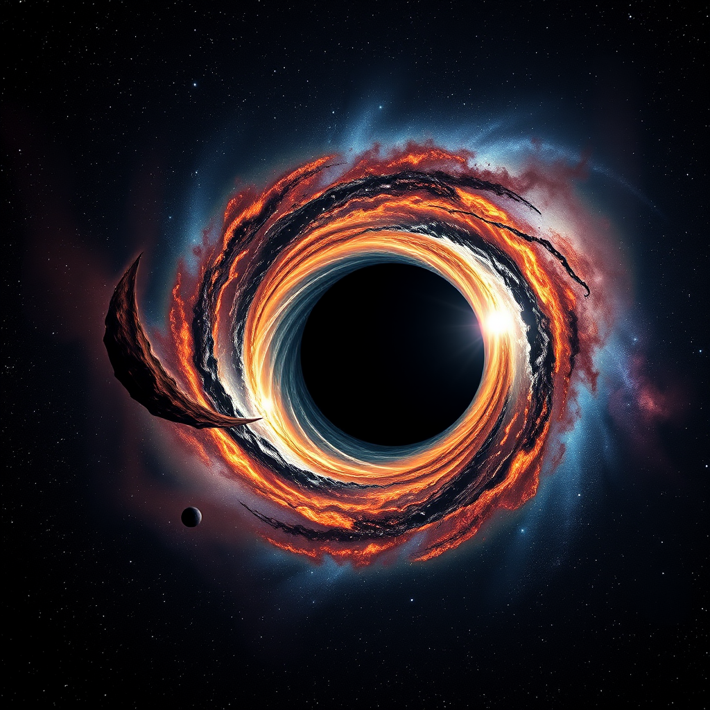 A highly detailed digital illustration of a black hole with a glowing accretion disk, set against a vibrant galaxy background, captured with a DSLR camera at f/2.8, 24mm lens, ISO 100, under a long exposure of 30 seconds for enhanced light capture and clarity, in high dynamic range style.