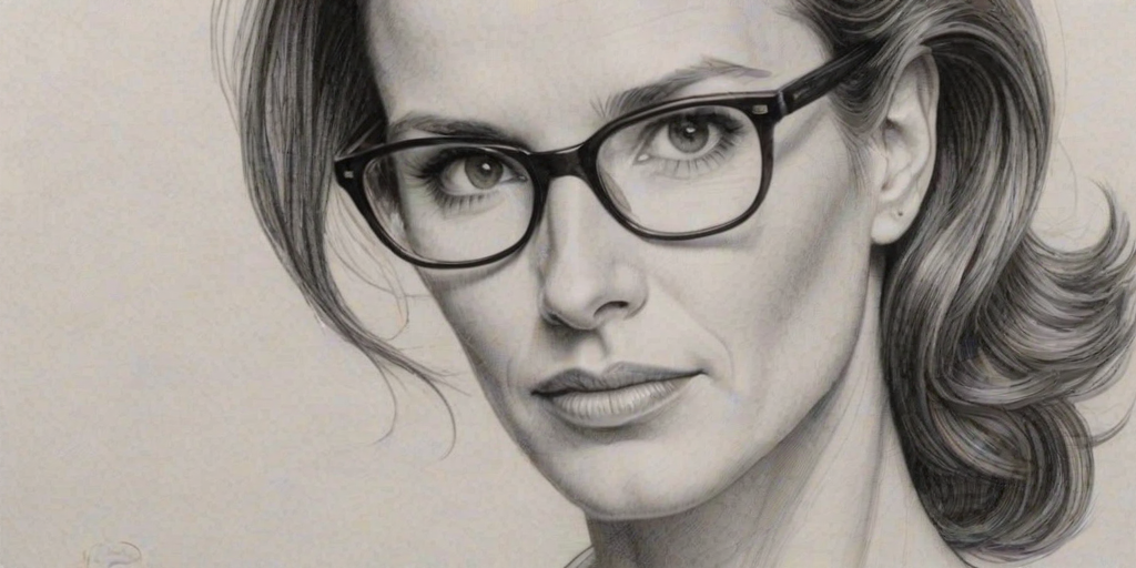 Enticing Rachel Griffiths, pencil sketch, portrait of Captivating woman 1949s in glasses, hair style beatnik, outline, clear lines, fine lines, 8k