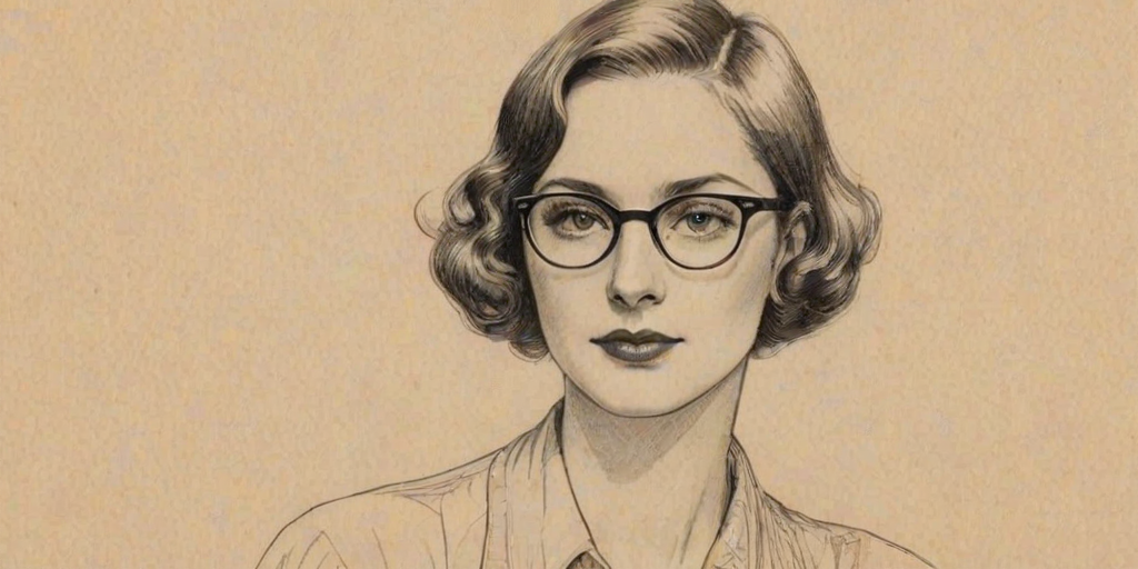 Superb Lilia Buckingham, pencil sketch, portrait of Lovely woman 1928s in glasses, hair style beatnik, outline, clear lines, fine lines, 8k