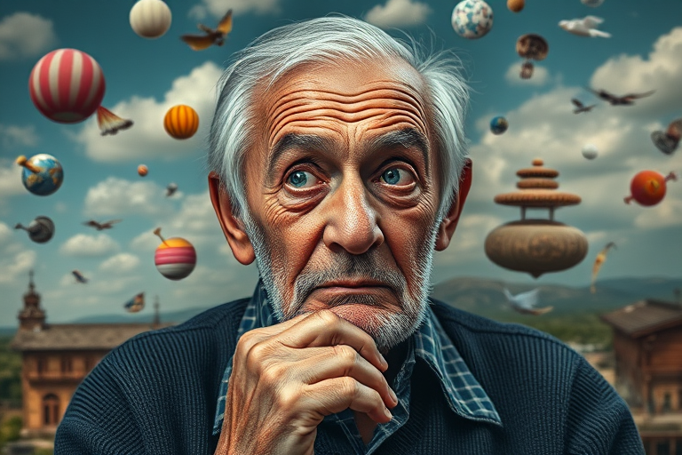 Create a surreal portrait of an elderly man with a thoughtful expression, surrounded by whimsical floating objects and landscapes, captured with a Canon EOS R5, 50mm lens, f/1.8, ISO 100, 1/125 sec, in soft natural light for enhanced detail and depth.