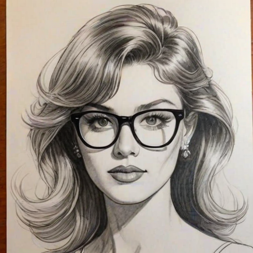 Appealing Chloe East, pencil sketch, portrait of Dazzling woman 1980s in glasses, hair style beatnik, outline, clear lines, fine lines, 8k