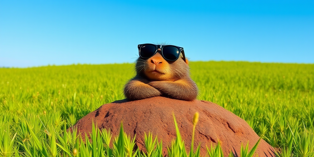 Create a stylized cartoon character of a cool mole wearing sunglasses, lounging on a mound in a vibrant green grassy field under a clear blue sky, shot with a DSLR camera at f/4.0, ISO 100, 50mm lens, in a vibrant color style to enhance the image quality.