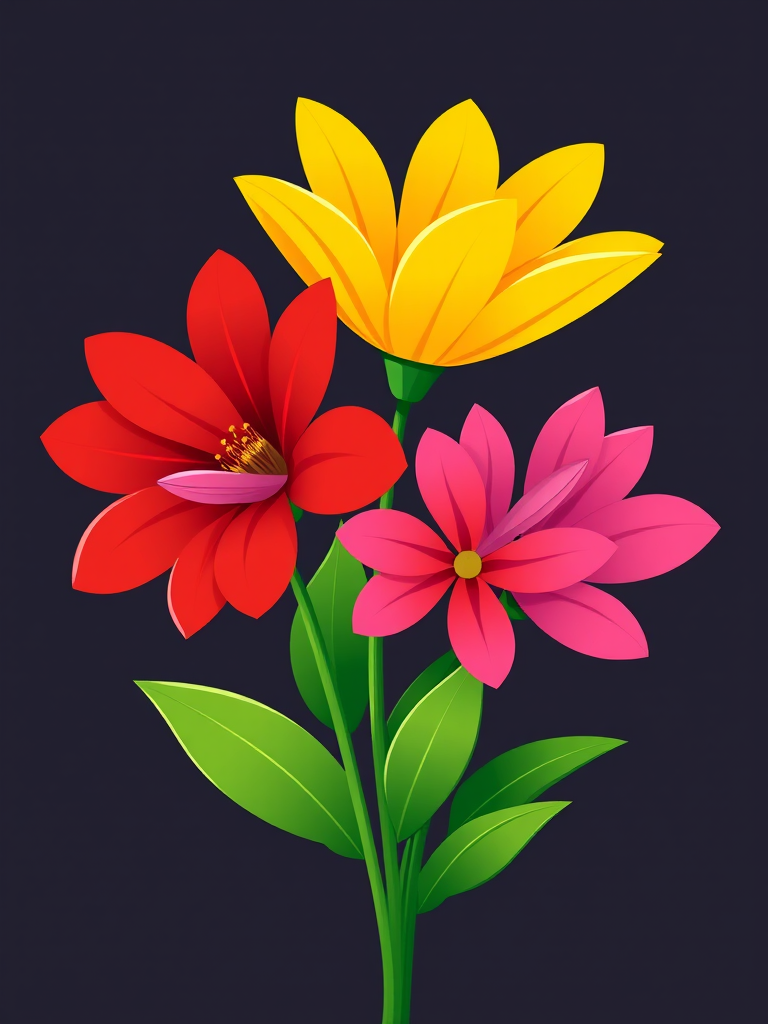 Create a vibrant digital illustration of three stylized flowers with colorful petals (red, yellow, and pink) and green leaves, using a 50mm lens, f/2.8 aperture, shot from a frontal view, in high-resolution vector style.