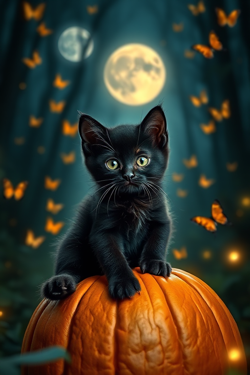 A cute black kitten sitting on a pumpkin in a moonlit forest surrounded by butterflies and glowing lights, captured with a DSLR camera at f/2.8, ISO 100, 50mm lens, in portrait mode for enhanced depth of field and sharpness.