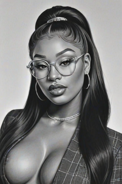 Ravishing Megan Thee Stallion, pencil sketch, portrait of Sublime woman 1960s in glasses, hair style beatnik, outline, clear lines, fine lines, 8k