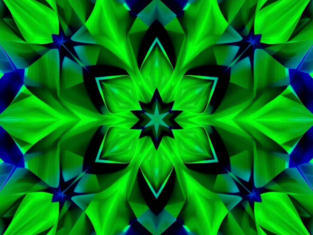 Create a high-resolution abstract geometric pattern with vibrant shades of green and blue, using a Canon EOS R5 with a 35mm f/1.4 lens, aperture f/8, ISO 100, and a shot from a slightly elevated angle to enhance depth and clarity.