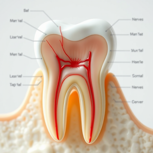 Create a high-resolution illustration of a tooth anatomy diagram including intricate details of nerves and blood vessels, using a DSLR camera with a 50mm lens, aperture f/2.8, ISO 100, natural lighting, and a macro view for enhanced clarity and depth.