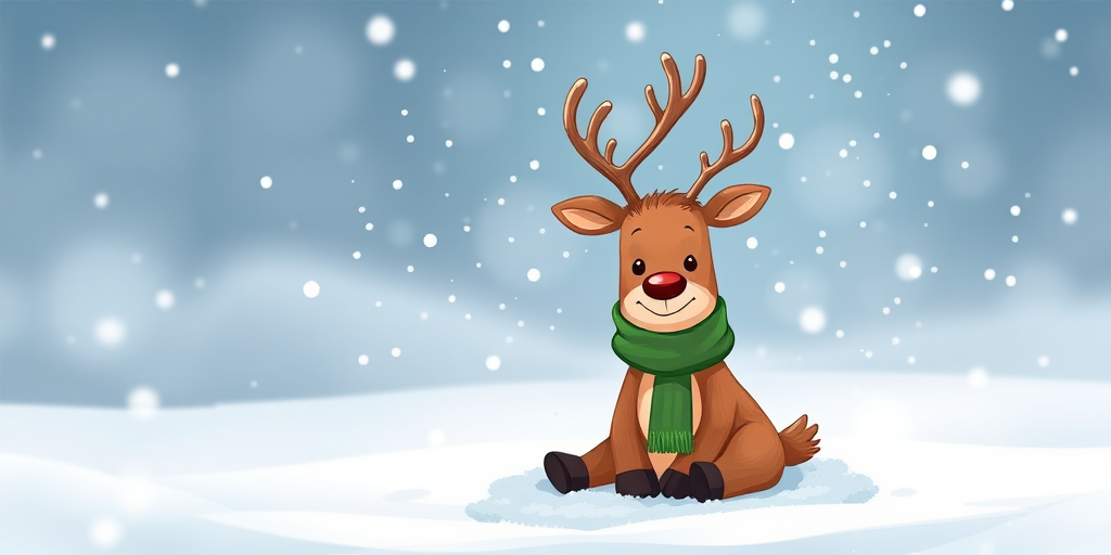 Create a cute cartoon reindeer sitting in the snow with a green scarf, surrounded by falling snowflakes, using a DSLR camera with a 50mm lens, aperture f/2.8, ISO 200, and a wide-angle view for enhanced image quality.