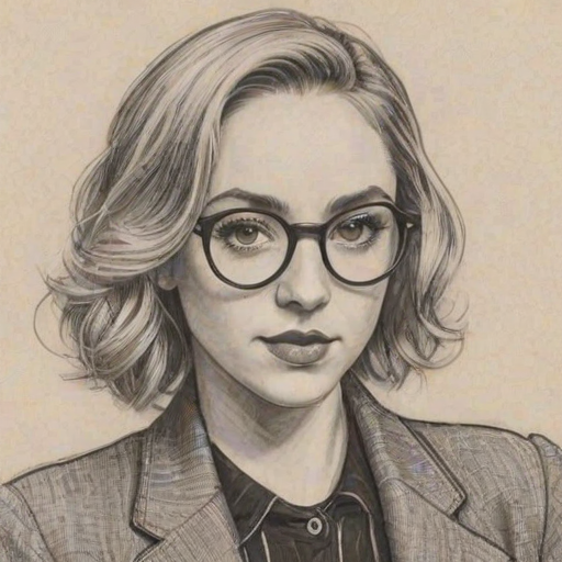 Ravishing Brandi Cyrus, pencil sketch, portrait of Comely woman 1934s in glasses, hair style beatnik, outline, clear lines, fine lines, 8k