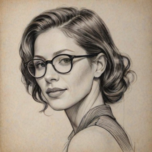 Splendid Amanda Crew, pencil sketch, portrait of Magnificent woman 1938s in glasses, hair style beatnik, outline, clear lines, fine lines, 8k