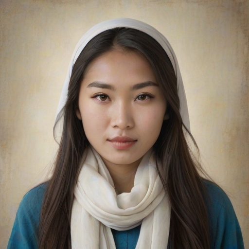 Create a portrait of a young Mongolian woman with long, dark hair and captivating hazel eyes. She is wearing a white headscarf and a matching scarf draped gracefully around her neck. The background is softly blurred, focusing attention on her serene and natural expression. The overall color palette is muted and warm, enhancing the intimate and authentic feel of the portrait.