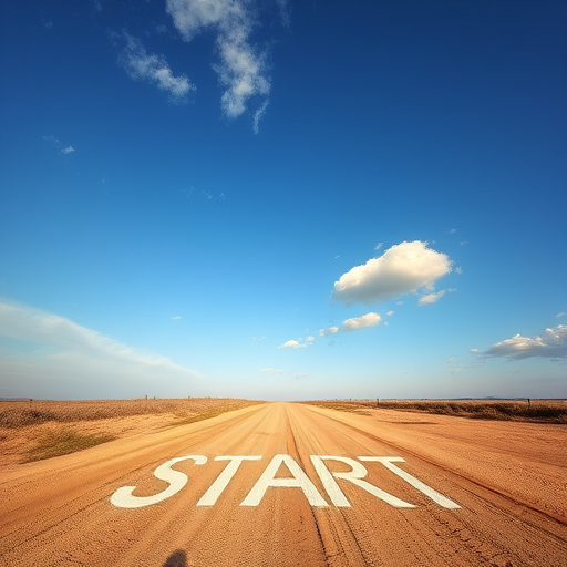 Capture a wide-angle shot of a dirt road with the word "START" painted on it, clear blue sky with fluffy clouds, early morning light, ISO 100, f/8 aperture, 24mm lens, DSLR camera, HDR style.
