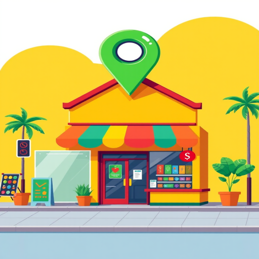 Create an illustration of a colorful local store with a bright yellow background, including a large green location pin above the store, with camera settings of f/11 aperture, 1/100 shutter speed, ISO 100, a wide-angle view, flat design style, and a digital camera type for high-quality rendering.