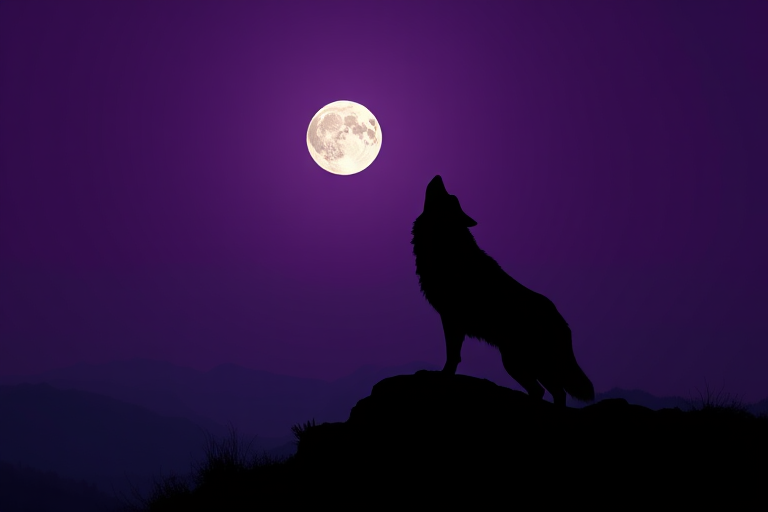 A silhouette of a howling wolf on a mountain top during a purple night sky with a bright full moon, captured with a DSLR camera at f/8 aperture, ISO 100, 1/125 sec shutter speed, using a wide-angle lens for an expansive view in high resolution.