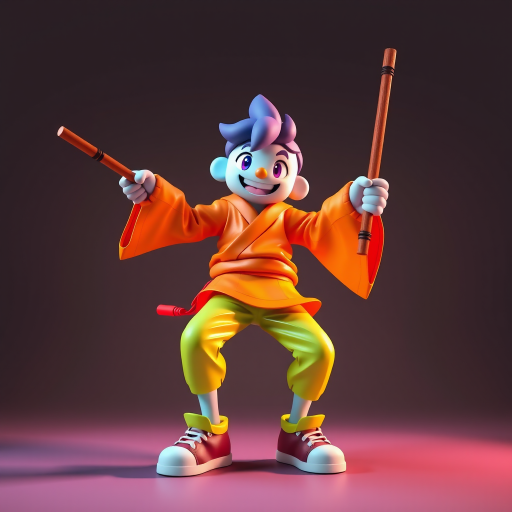 Generate a 3D figure of a stylized humanoid character in an energetic pose holding two sticks with vibrant colors, soft diffused lighting, focal length of 35mm, aperture set to f/2.8, shot from a low angle perspective, using a DSLR camera with a wide-angle lens.