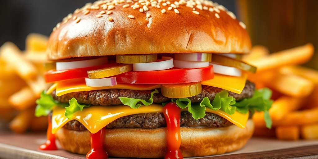 High-resolution, close-up image of a gourmet double cheeseburger. The burger features a glossy, sesame-seed-topped brioche bun. Inside, there are two thick, juicy beef patties, each topped with melted cheddar cheese. The burger is garnished with fresh lettuce, tomato slices, diced onions, and pickles. A generous amount of ketchup and a creamy, orange-colored sauce is dripping down the sides, adding to the mouth-watering appeal. In the background, there are blurred elements including a side of golden French fries and a hint of a beverage, enhancing the overall presentation of a delicious meal.