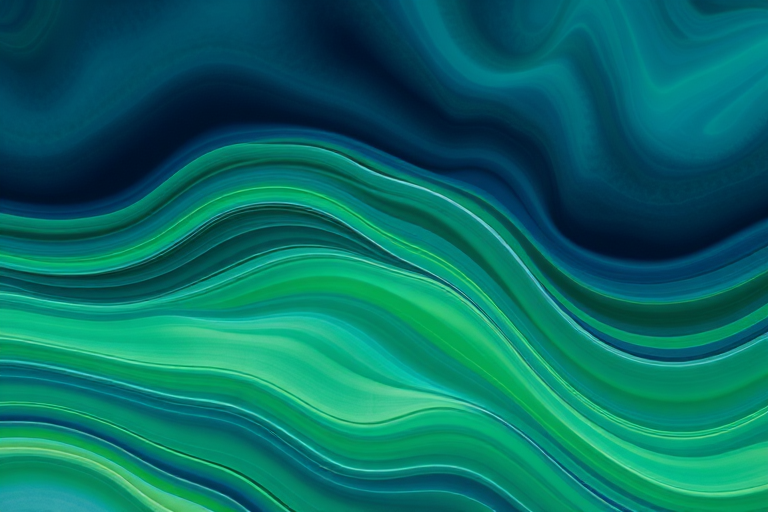Abstract wavy lines in varying shades of green and blue, captured with a Canon EOS R5, 50mm f/1.2 lens, ISO 100, f/8, 1/125 sec, shot from an aerial view to enhance color depth and texture.