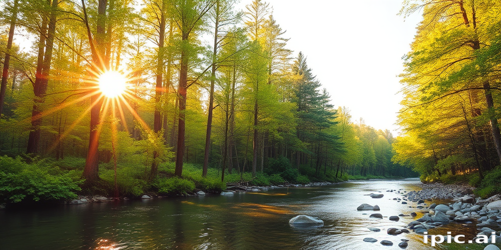 Create an image of a serene, sunlit forest scene with a clear, gently flowing river. Tall trees with lush green foliage line both sides of the river, their leaves bathed in the warm golden light of the setting or rising sun. The sunlight filters through the trees, casting soft, dappled light on the river, which flows over smooth rocks and pebbles, creating a peaceful, natural atmosphere. The sky is bright with a few scattered clouds, and the overall mood is tranquil, evoking a deep sense of connection with nature. The image captures the beauty of a calm, pristine forest landscape at either dawn or dusk.