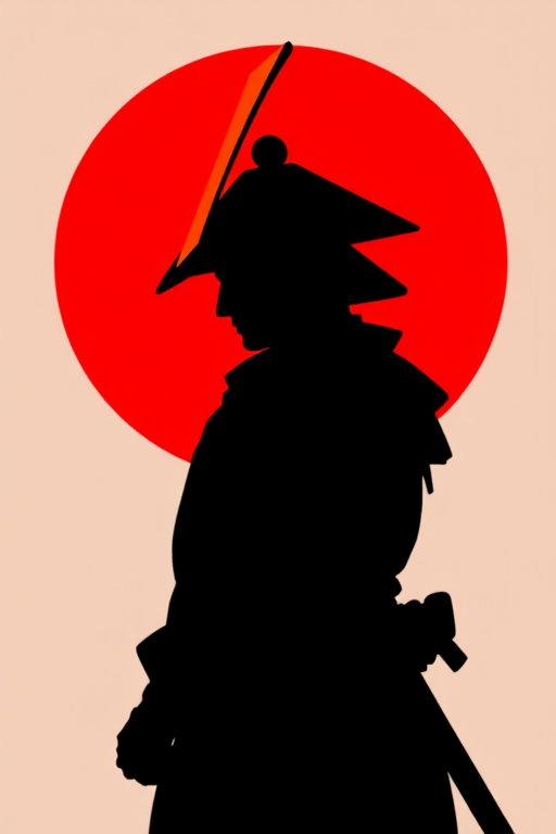 Create a high-resolution illustration of a silhouette of a samurai with an orange conical hat, set against a large red circle, using a digital drawing tablet with a 300 DPI resolution, in a side profile view, emphasizing smooth lines and vibrant colors.
