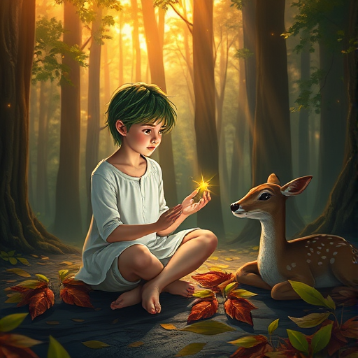 A luminous digital painting of a serene forest scene featuring a barefoot young female, about 7 years old, with green hair and fair skin, dressed in a simple white outfit. He sits cross-legged on the forest floor, gazing at a small, glowing, magical firefly in his hand. Beside him, a delicate spotted deer lies calmly on a bed of dried leaves, observing the scene. The dense forest is bathed in warm, golden light filtering through the trees, creating a peaceful, magical atmosphere with a blend of natural and mystical elements.