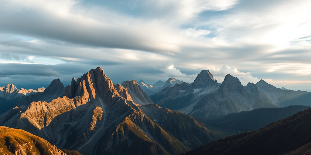 mountain landscape with sharp peaks under a dramatic sky, late afternoon lighting, ISO 100, aperture f/11, shutter speed 1/250s, panoramic view, DSLR camera, wide-angle lens