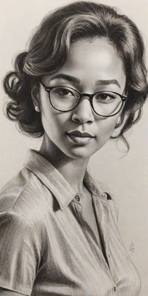 Enticing John Legend, pencil sketch, portrait of Delightful woman 1956s in glasses, hair style beatnik, outline, clear lines, fine lines, 8k