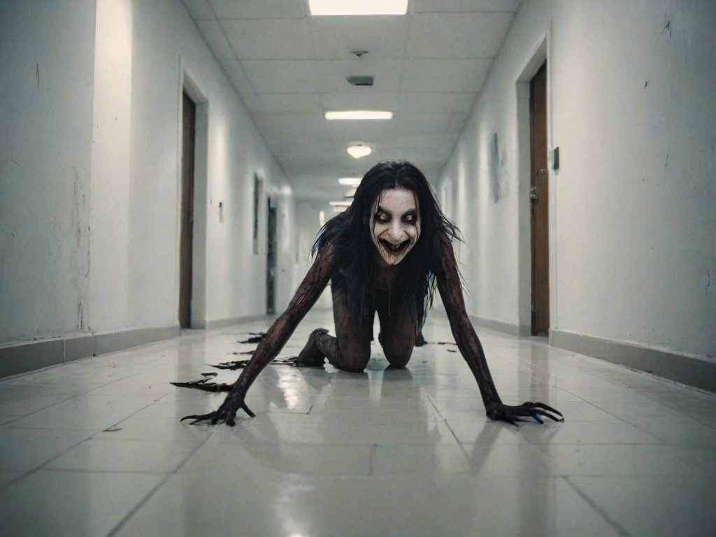 a crooked female with long arms and a creepy smile is crawling along a long white corridor and you can also see cockroaches in it there is a creepy atmosphere creepy art style