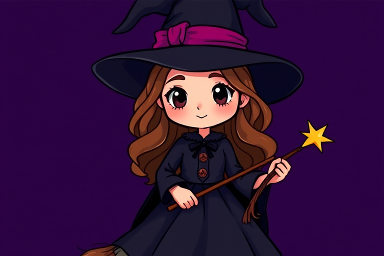 Create a cute cartoon witch character with wavy brown hair and a black dress, holding a magic wand, set against a dark purple background, use a Canon EOS R5, 50mm f/1.2 lens, at f/2.8, ISO 100, with a shallow depth of field for enhanced image quality and detail.