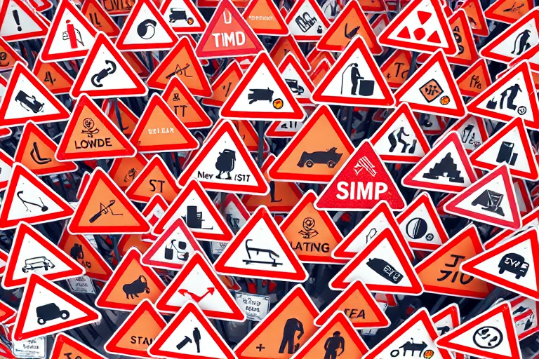 a densely packed array of construction warning signs in a vibrant red and white color scheme, high resolution, f/8 aperture, ISO 100, 24mm lens, top-down perspective, digital camera