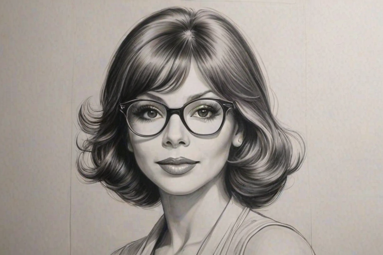Radiant Victoria Principal, pencil sketch, portrait of Fascinating woman 1920s in glasses, hair style beatnik, outline, clear lines, fine lines, 8k