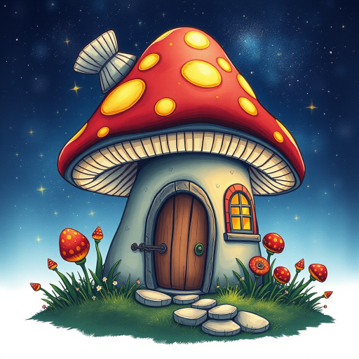 design illustration of a mushroom house with a door and a window, a storybook , fantasy art, mushroom house, bg starry sky, sparkles