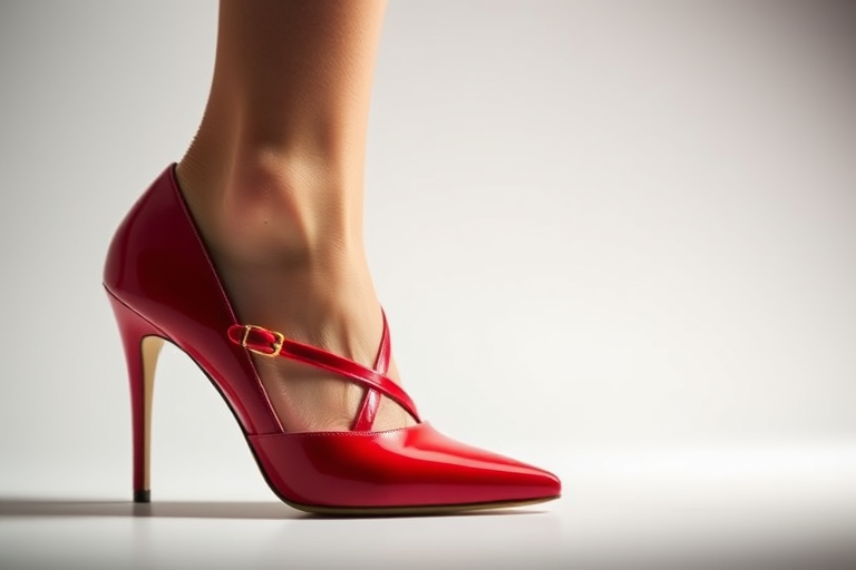a sleek red high-heeled shoe with a pointed toe and crisscross straps, studio lighting, focus on shoe details, shallow depth of field, taken with a DSLR camera at f/2.8, ISO 100, 50mm lens, soft gradient background