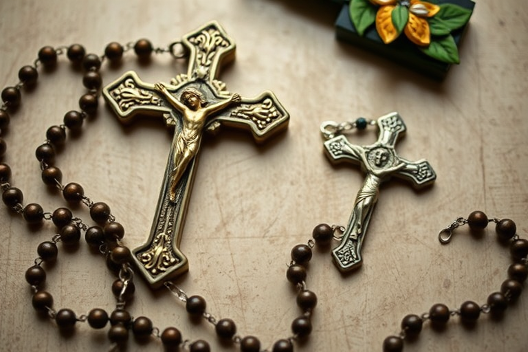Create a detailed, high-resolution image of a religious cross and rosary, captured with a DSLR camera at 50mm focal length, aperture f/2.8, ISO 100, under soft diffused lighting, in a top-down view with a shallow depth of field.