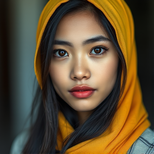 Create a portrait of a young Singaporean woman with long, dark hair and captivating hazel eyes. She is wearing a Yellow headscarf and a matching scarf draped gracefully around her neck. The background is softly blurred, focusing attention on her serene and natural expression. The overall color palette is muted and warm, enhancing the intimate and authentic feel of the portrait.